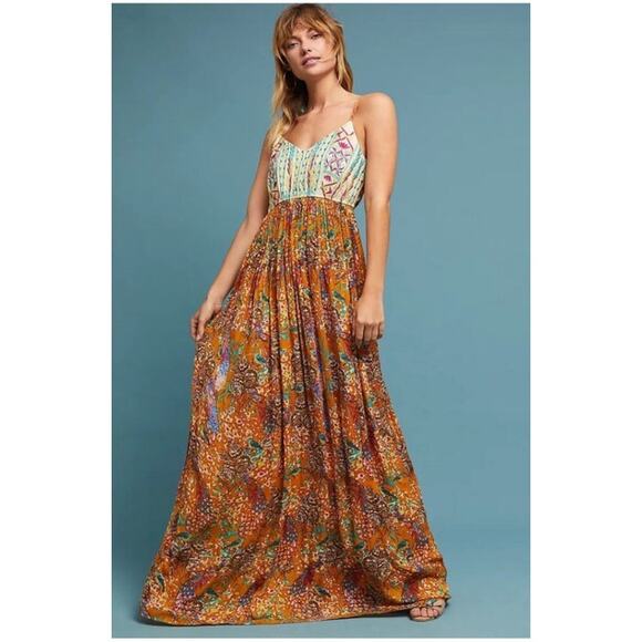 Raga Anthropologie Womens XS Parkland Maxi Dress Embroidered Boho Gypsy Flowy - Picture 1 of 11